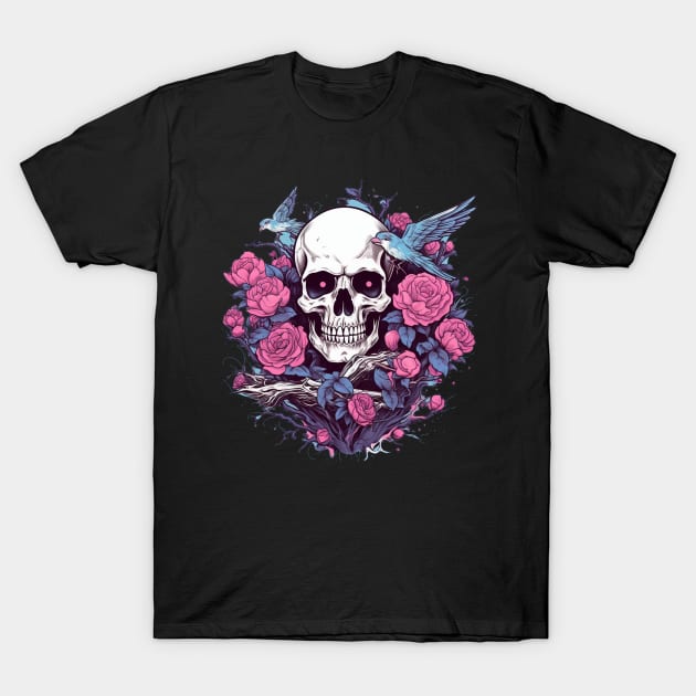 Skull with Flowers and Birds T-Shirt by TOKEBI